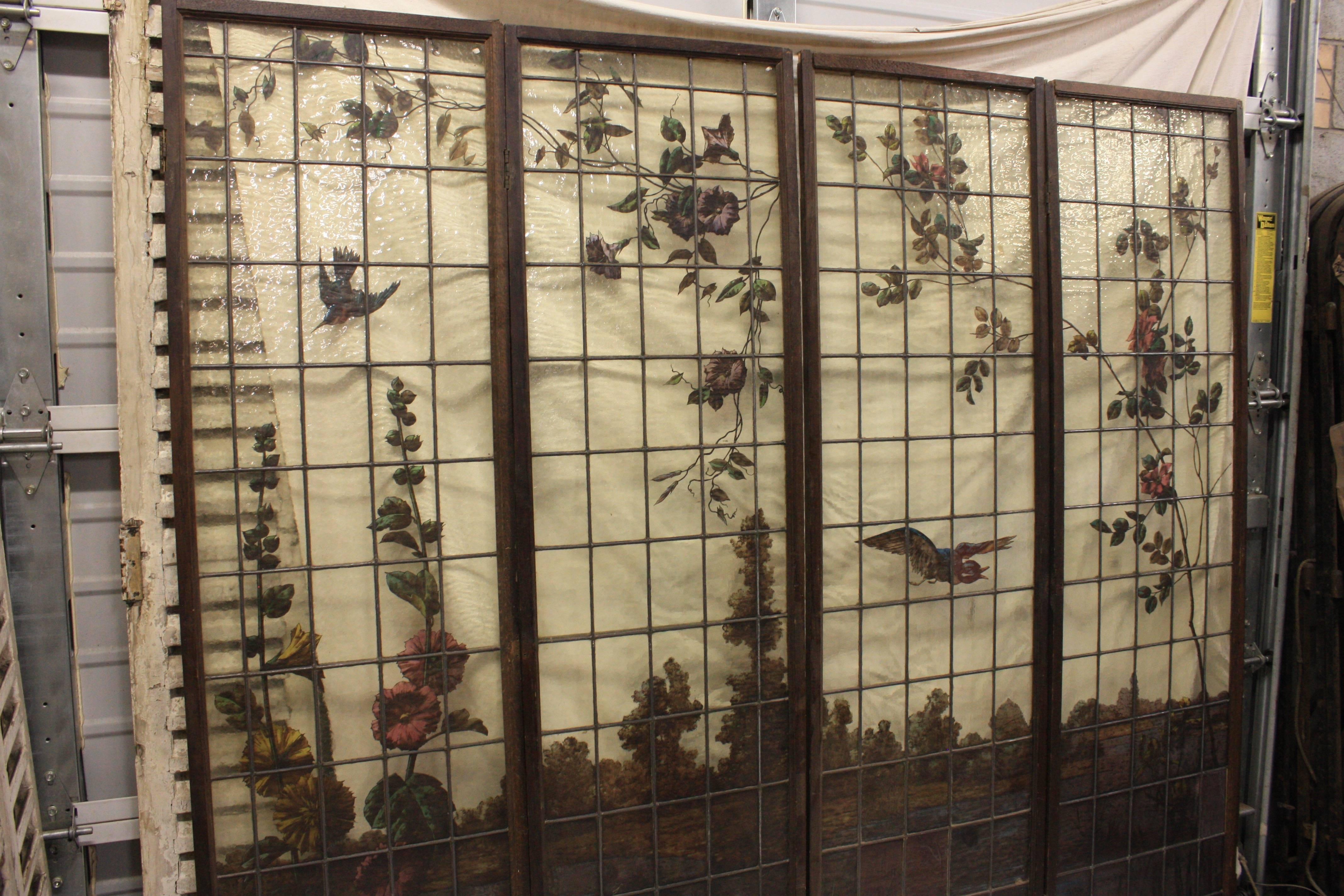 Beautiful 19th century French screen made of hand-painted stained glass window.