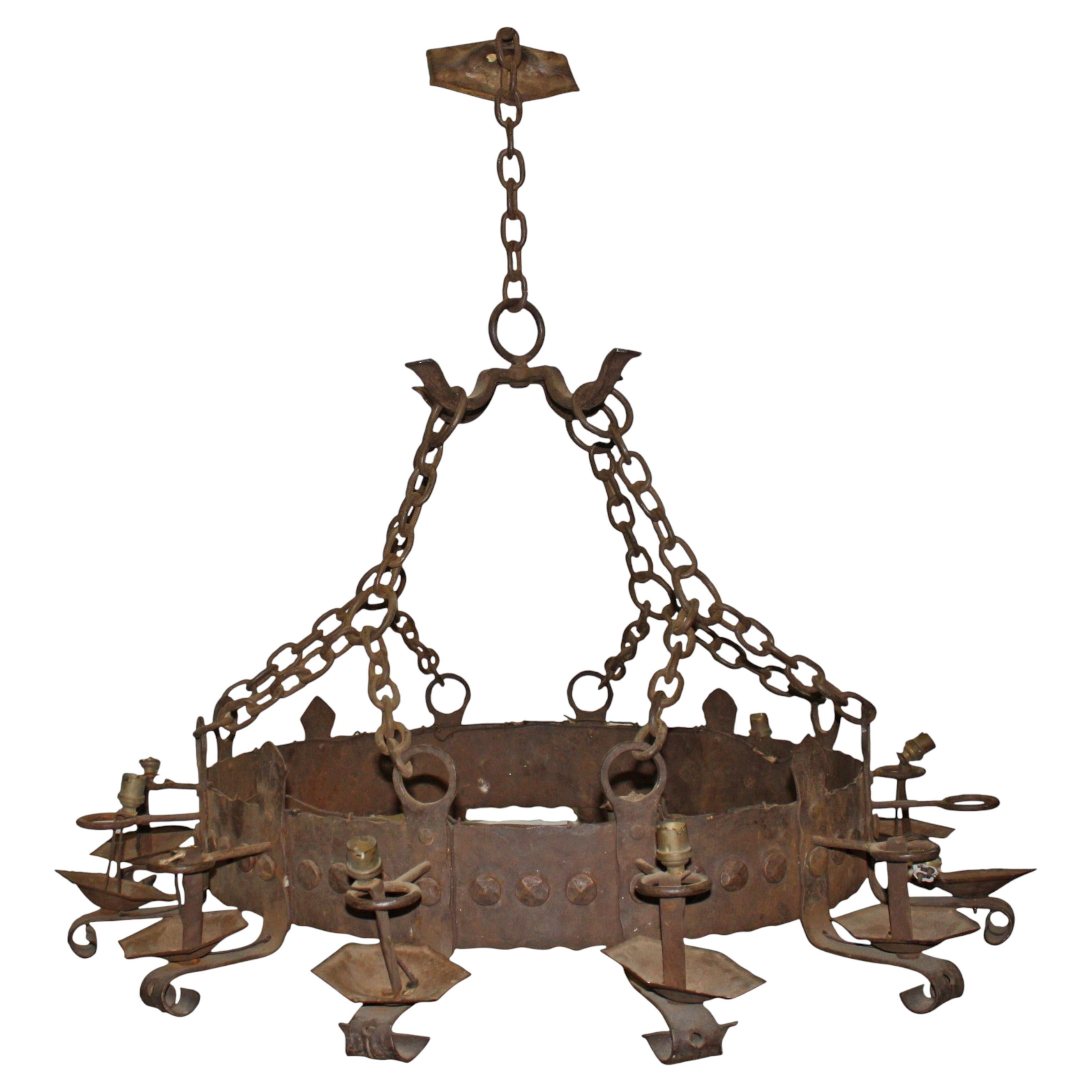 French Iron Chandelier, Medieval Style, Twelve Lights, Circa 1860-1869