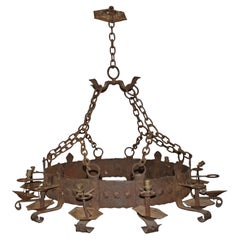 French Iron Chandelier, Medieval Style, Twelve Lights, Circa 1860-1869