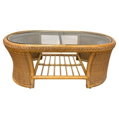 French Sofa Table, Rattan and Bamboo with Glass Top, Circa 1920