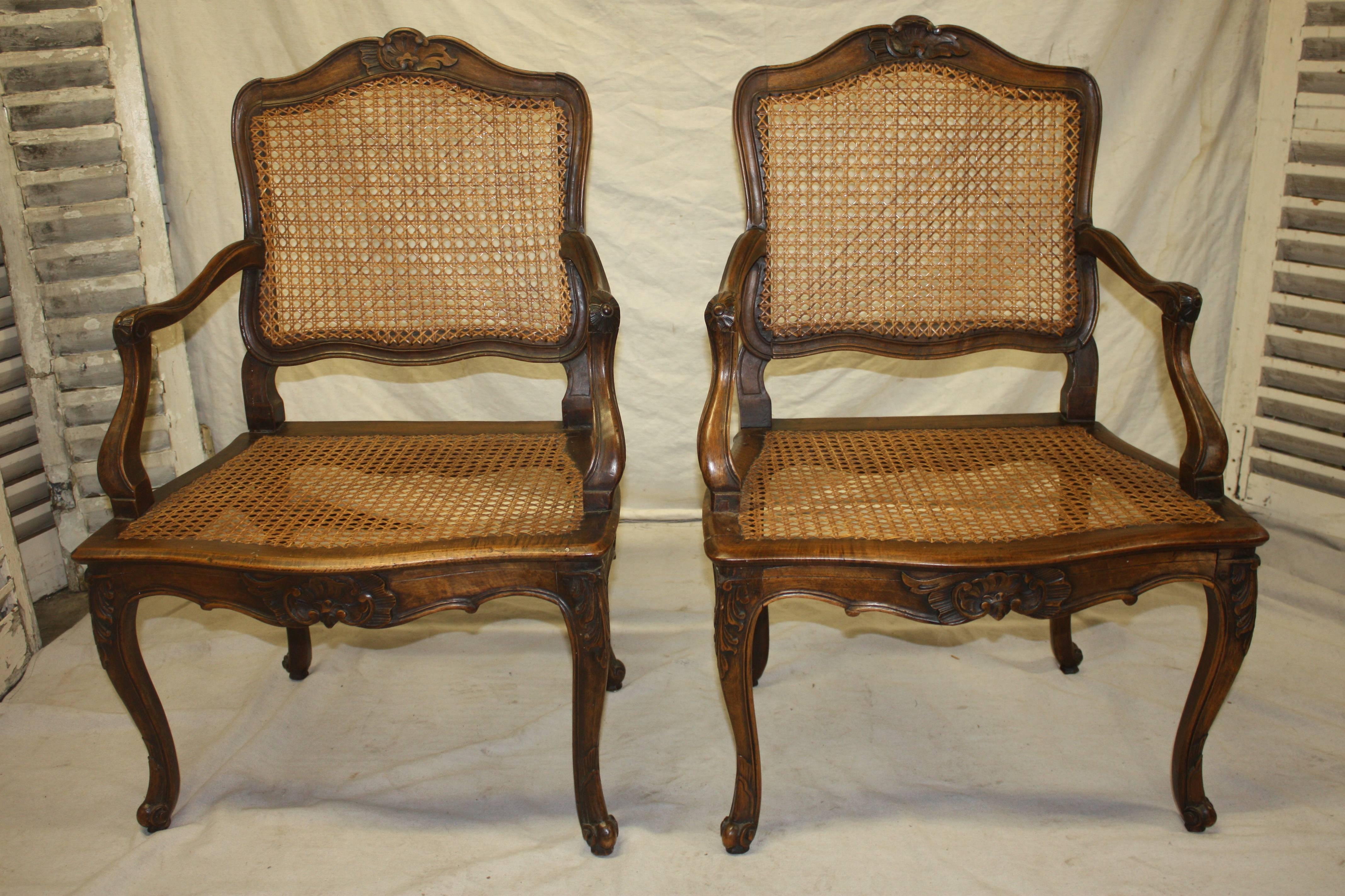 Pair of 18th century caned chairs, French Louis XV period.