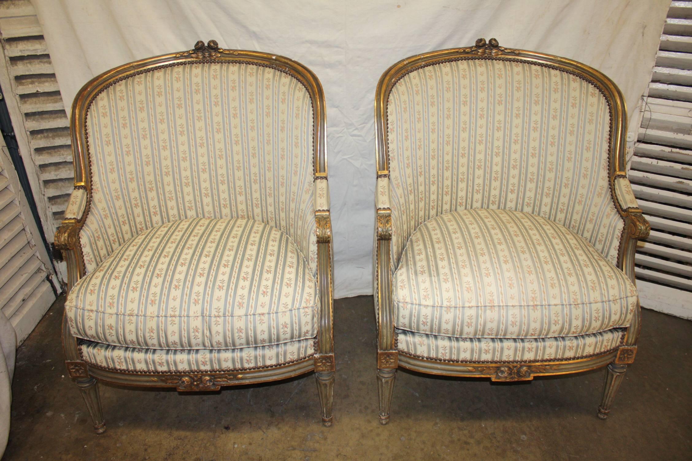 Louis XVI Mid-19th Century French Pair of Bergere Chairs