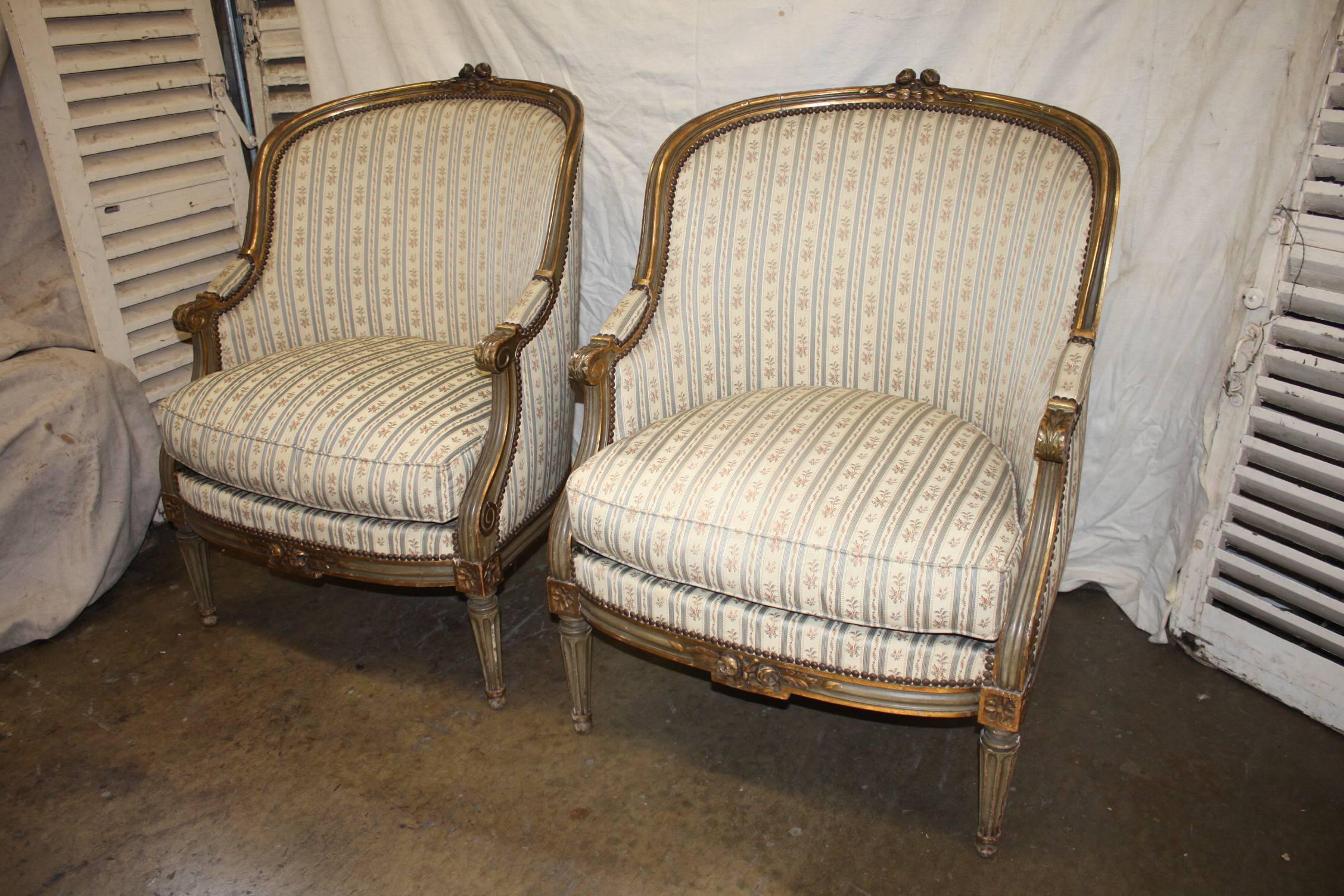 Gilt Mid-19th Century French Pair of Bergere Chairs