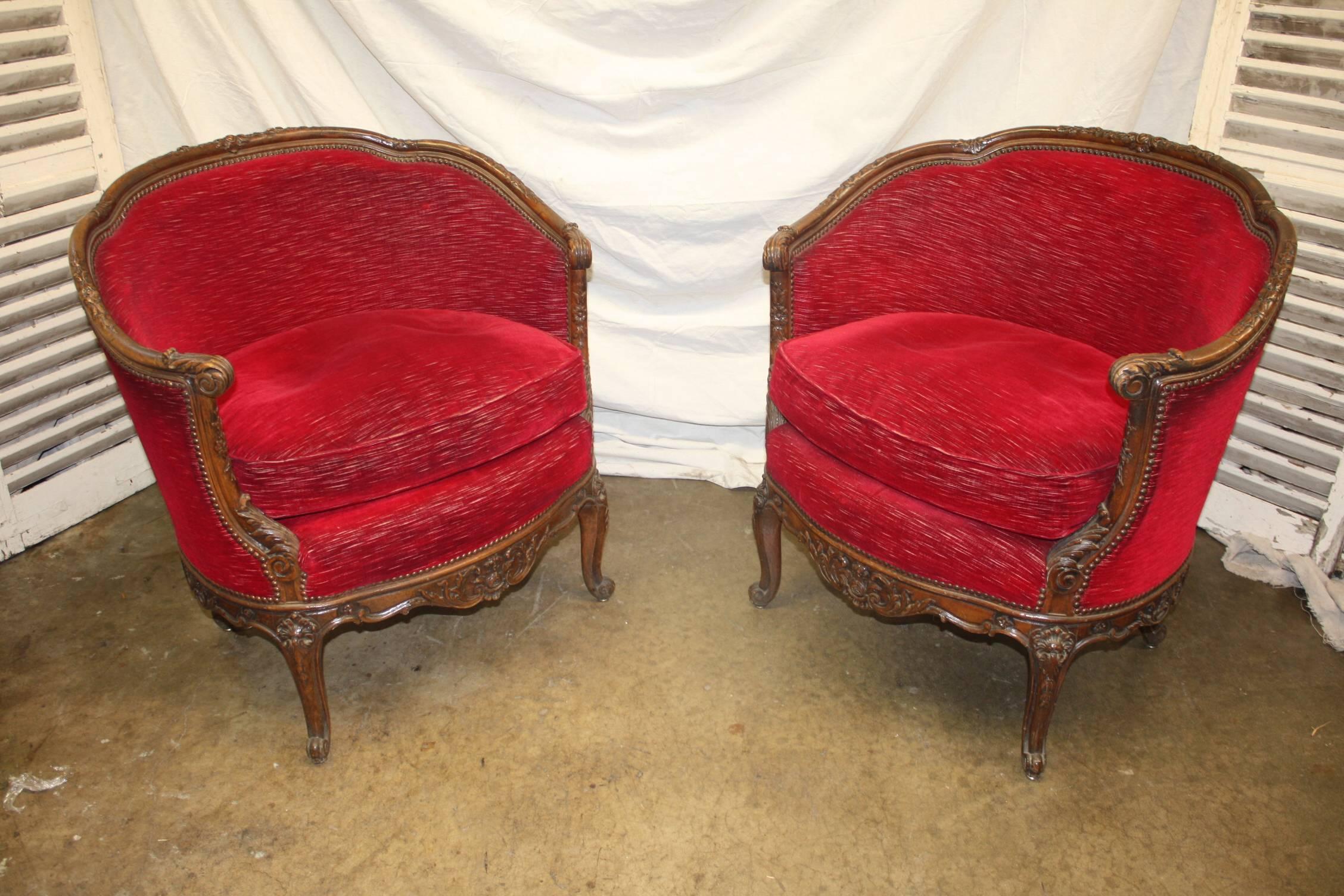 19th century French pair of bergeres in Louis XV style.