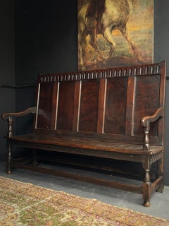 17th Century English Solid Oak Hall Bench with Paneled Back