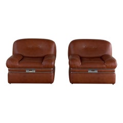 Coppia di poltrone club italiane in pelle Cognac con dettagli cromati, anni '70