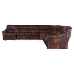 Swiss 6-Piece Brown Leather Tufted Modular Sectional Sofa, 1970s