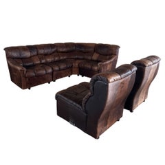 Swiss 6-Piece Brown Leather Tufted Modular Sectional Sofa, 1970s