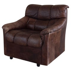 Swiss Brown Leather Tufted Lounge Chair, 1970s
