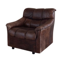Swiss Brown Leather Tufted Lounge Chair, 1970s