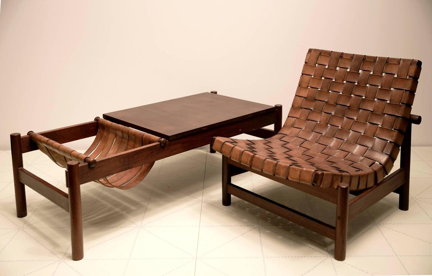 1950s Lounge Chair in Woven Saddle Leather and Cuban Mahogany by Dujo
