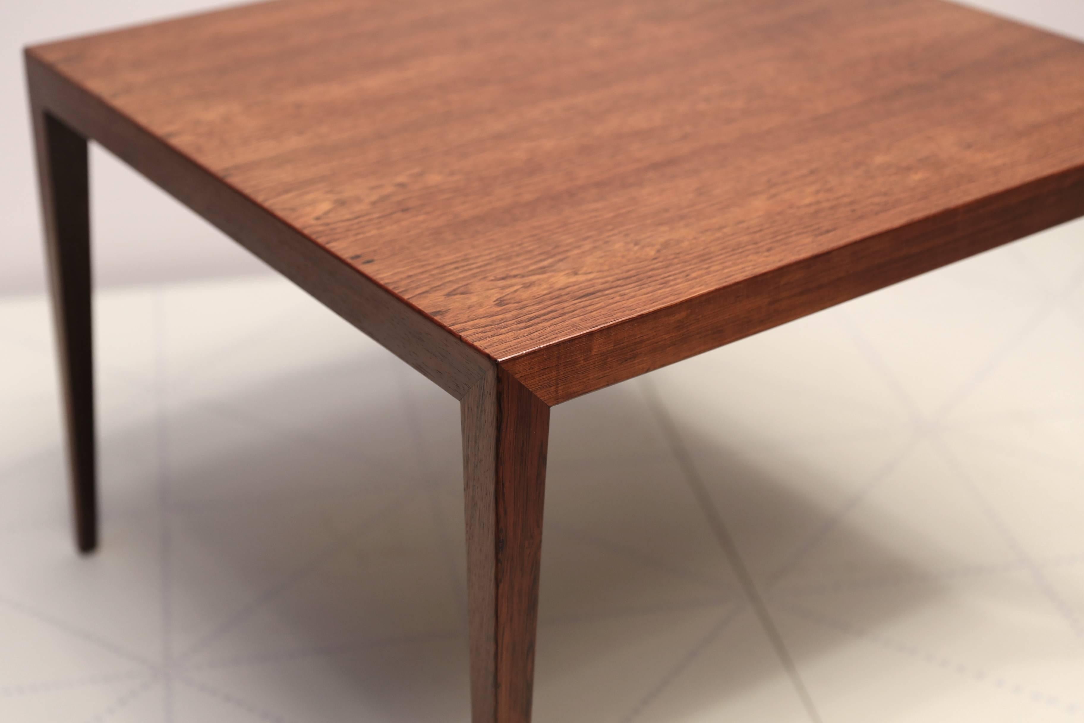 Square Side Table in Brazilian Rosewood by Severin Hansen. Designed in 1955 and made in the 1950s by Haslev Møbelsnedkeri, with cabinetmaker’s paper label on the underside, with serial number 33.