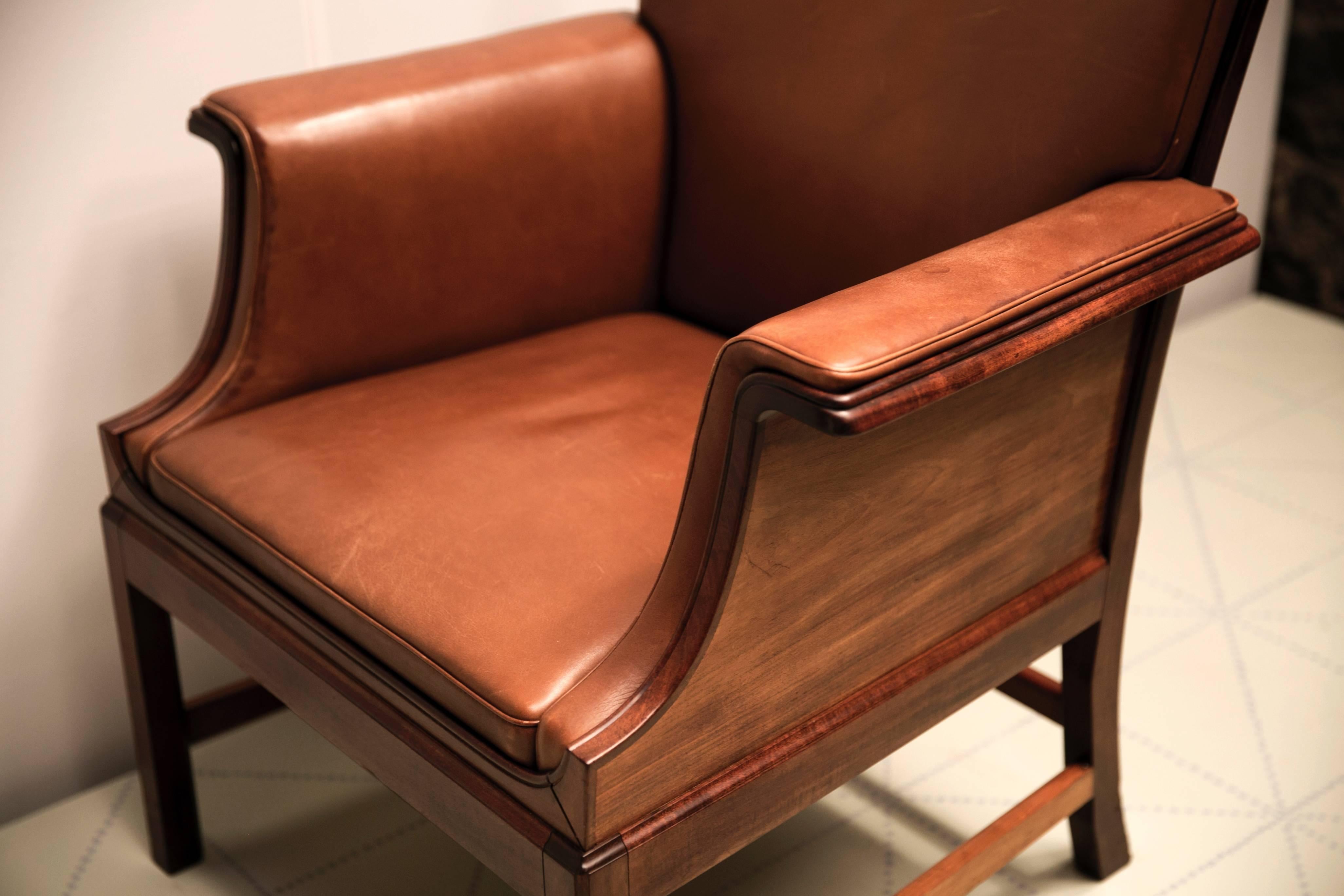 Leather Armchair in Cuban Mahogany by Ole Wanscher For Sale