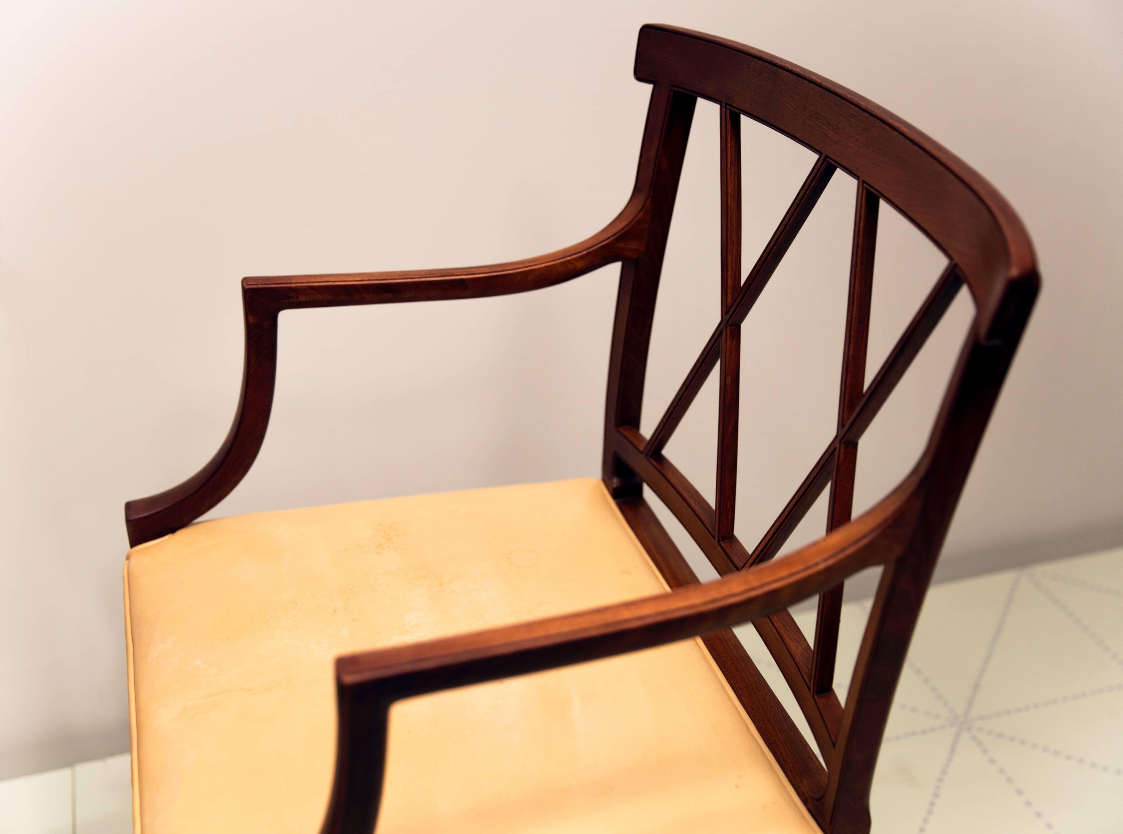 Danish Four Elegant Armchairs by Ole Wanscher, Cuban Mahogany and Original Pale Leather For Sale