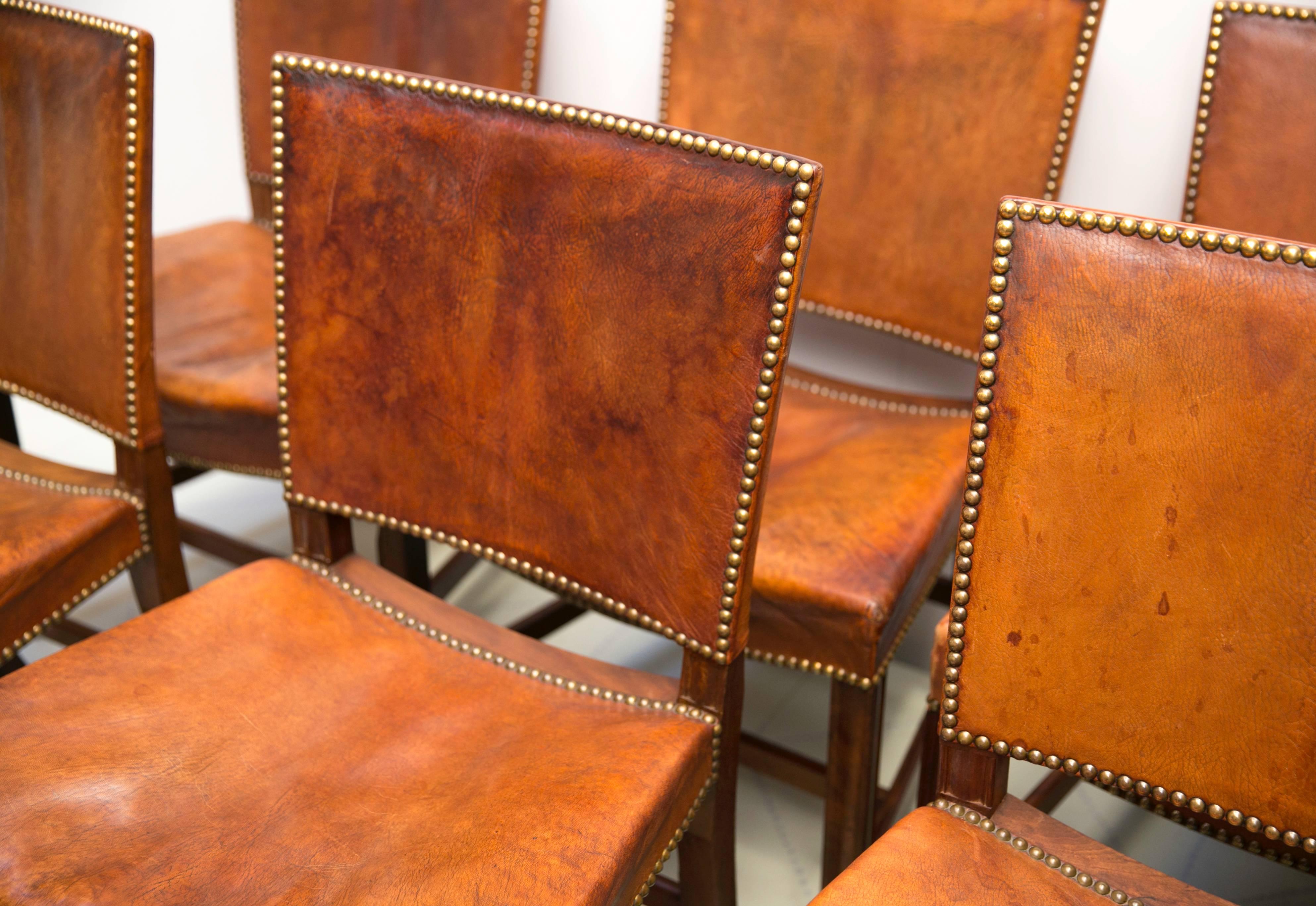 Danish Six Large “Red Chairs” by Kaare Klint in Original Patinated Nigerian Goatskin For Sale