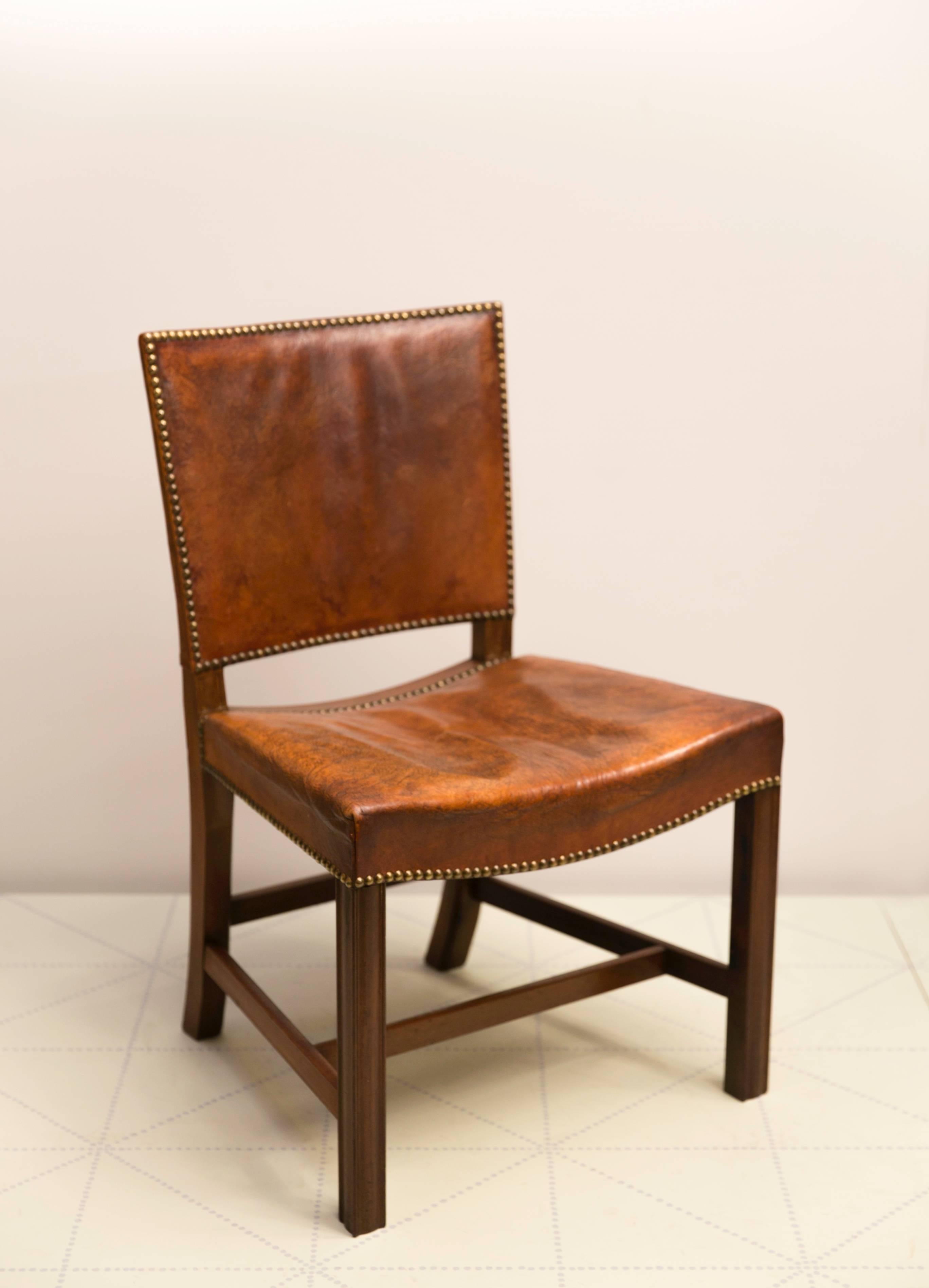 Early 20th Century Six Large “Red Chairs” by Kaare Klint in Original Patinated Nigerian Goatskin For Sale