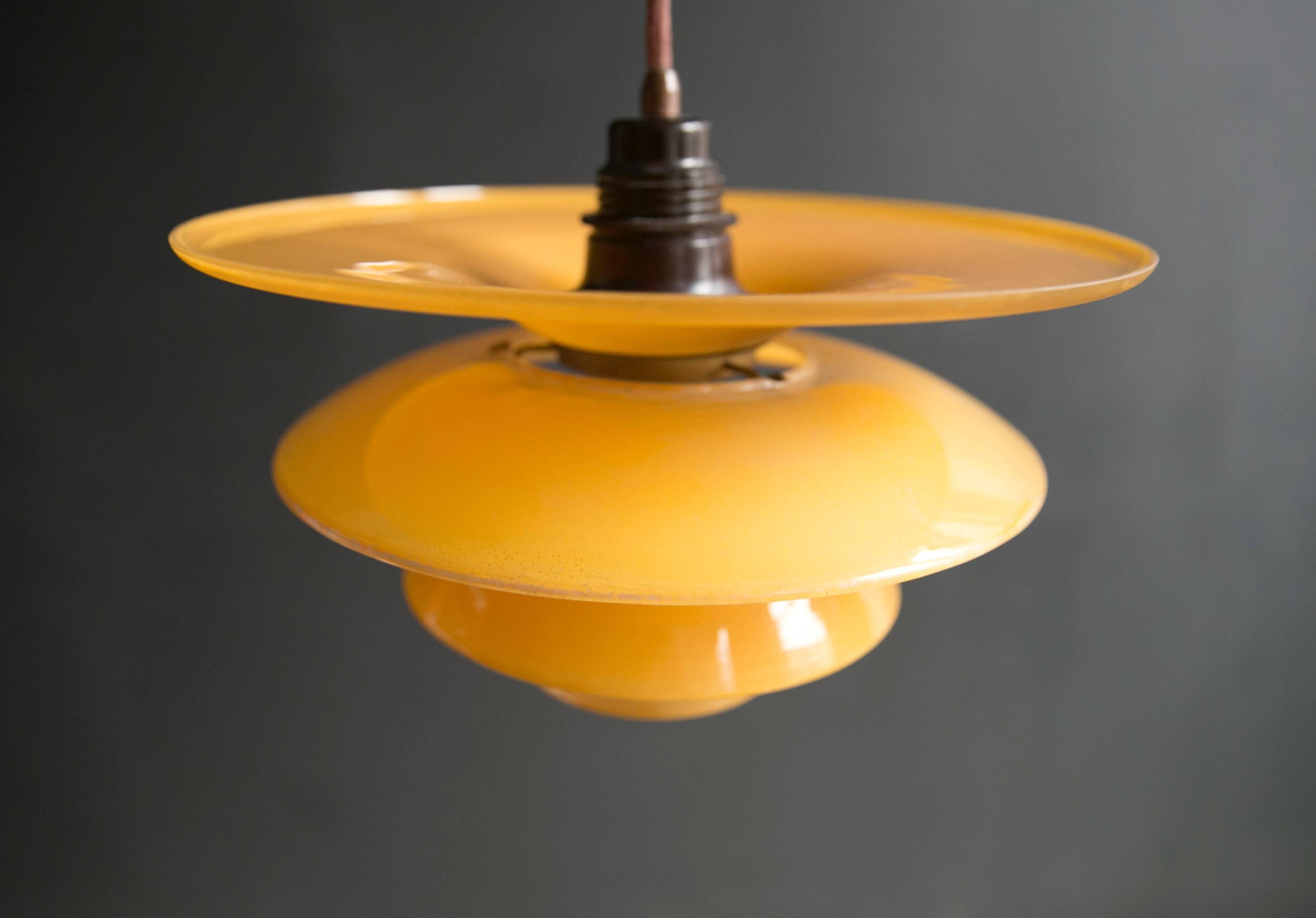 Scandinavian Modern Poul Henningsen 4/ 3.5 /3 Four-Shade Pendant Lamps in Yellow Painted Matt Glass For Sale