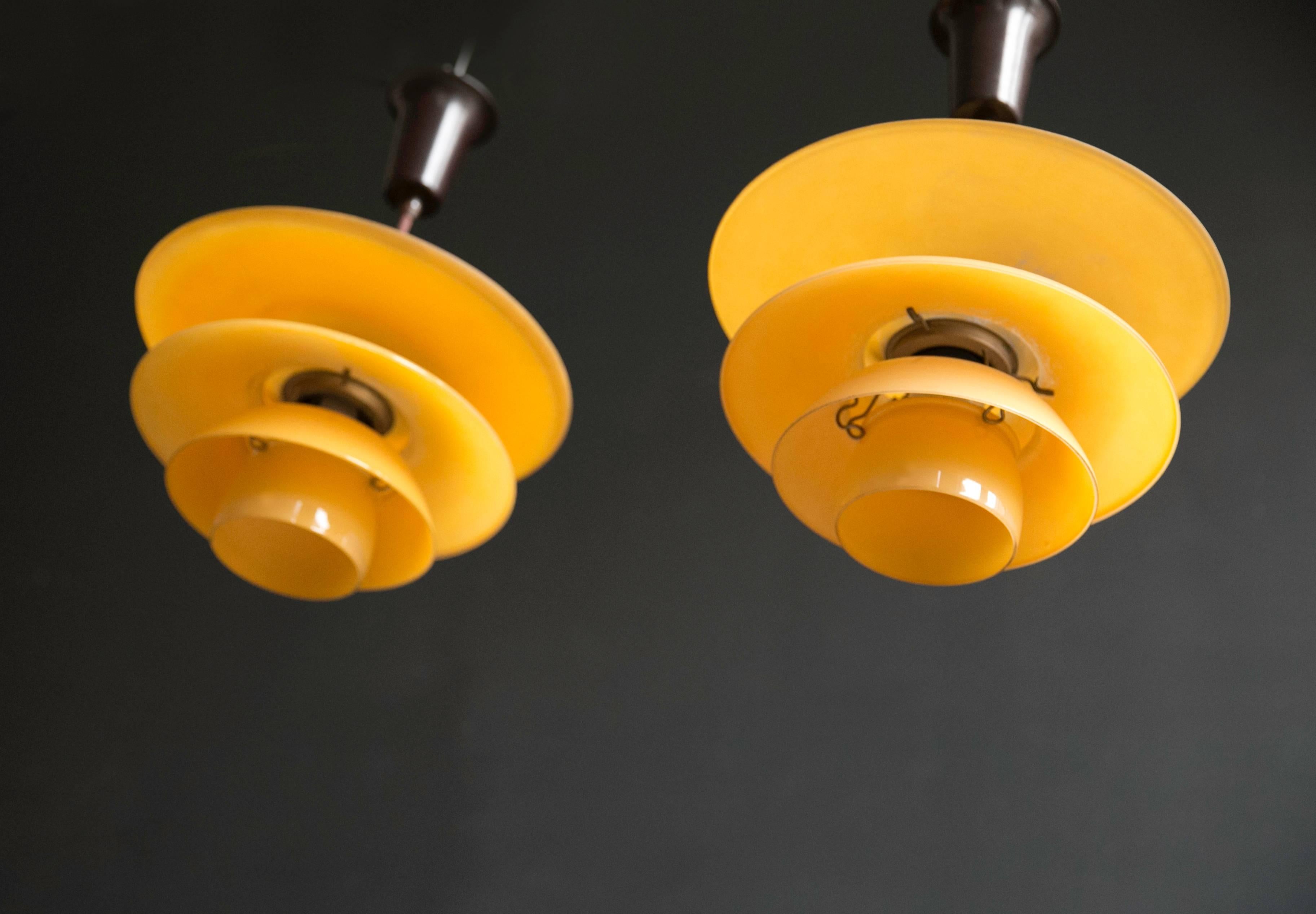 Poul Henningsen 4/ 3.5 /3 Four-Shade Pendant Lamps in Yellow Painted Matt Glass In Excellent Condition For Sale In New York, NY