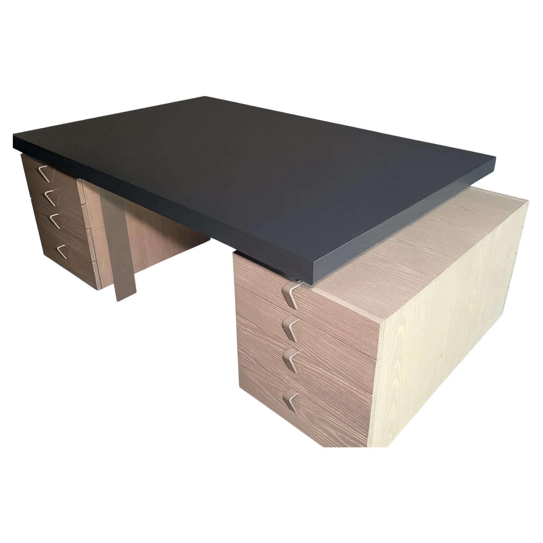 Antoine Proulx Executive Partners Desk,  handmade in USA for the interior design trade.  The pedestals of this desk have drawers on both left, right, front and back.  The Partners Desk drawers are accessible from both sides.  Each pedestal contains