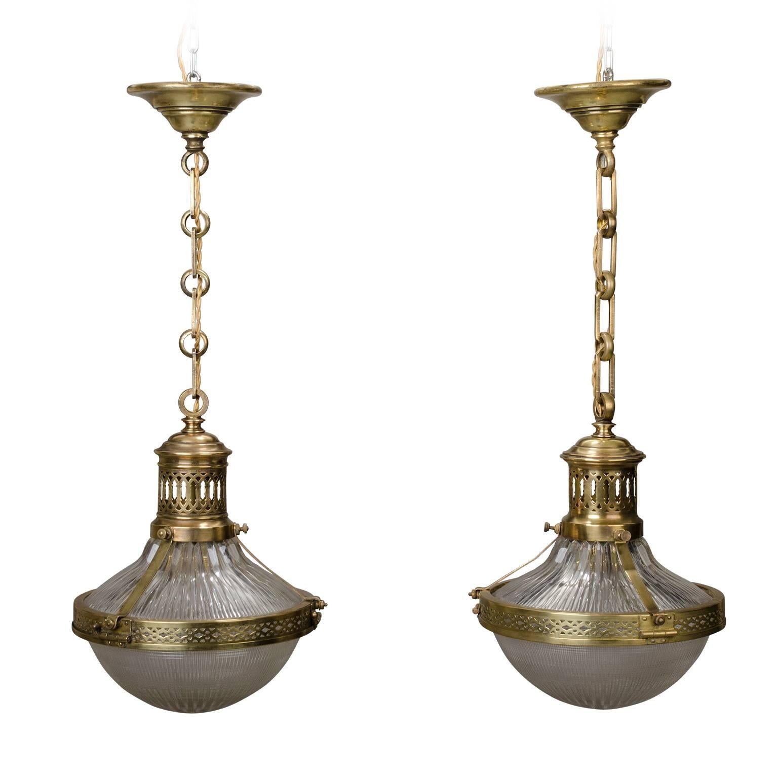 Set of Two Glass and Brass Holophane Suspension, circa 1920