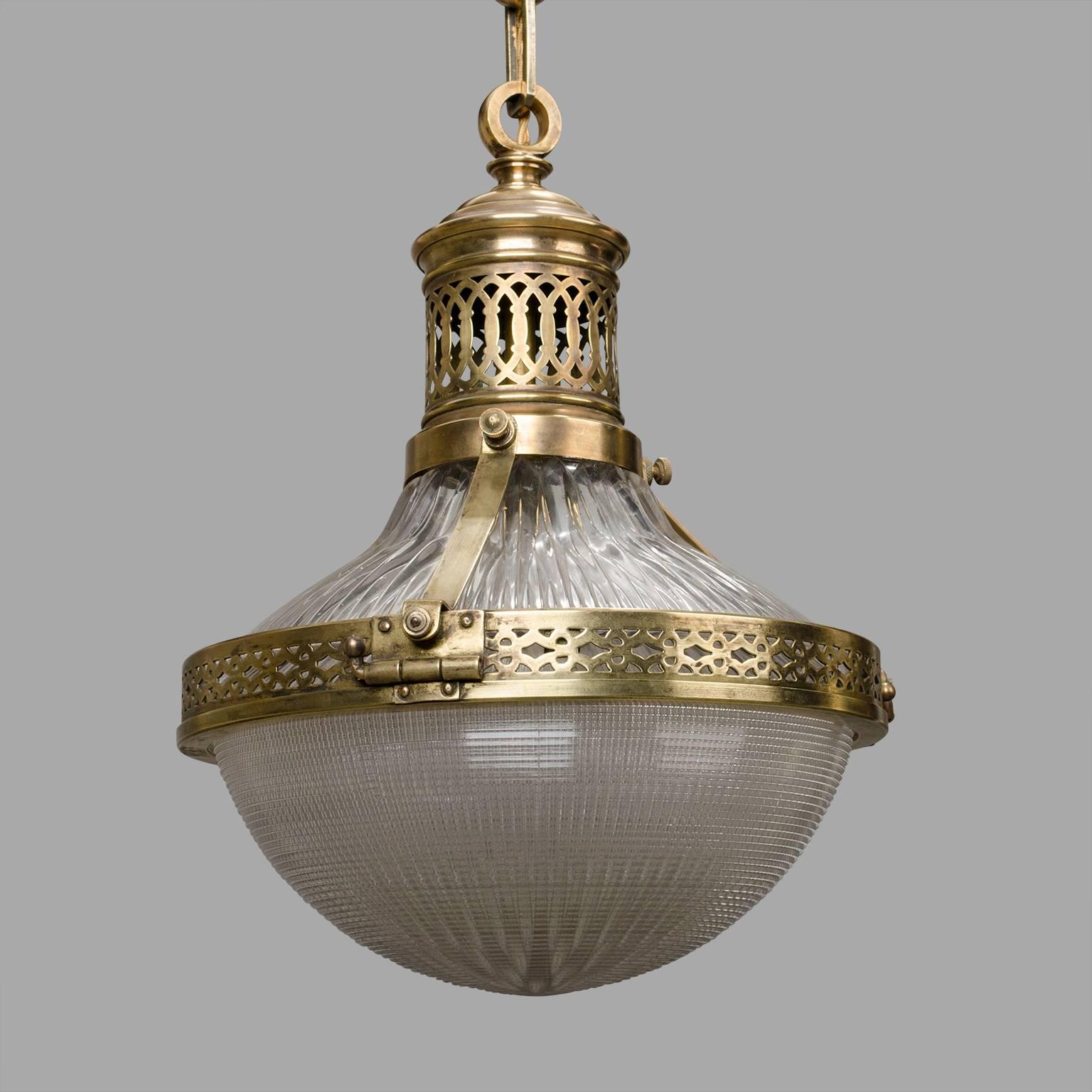 Early 20th Century Set of Two Glass and Brass Holophane Suspension, circa 1920