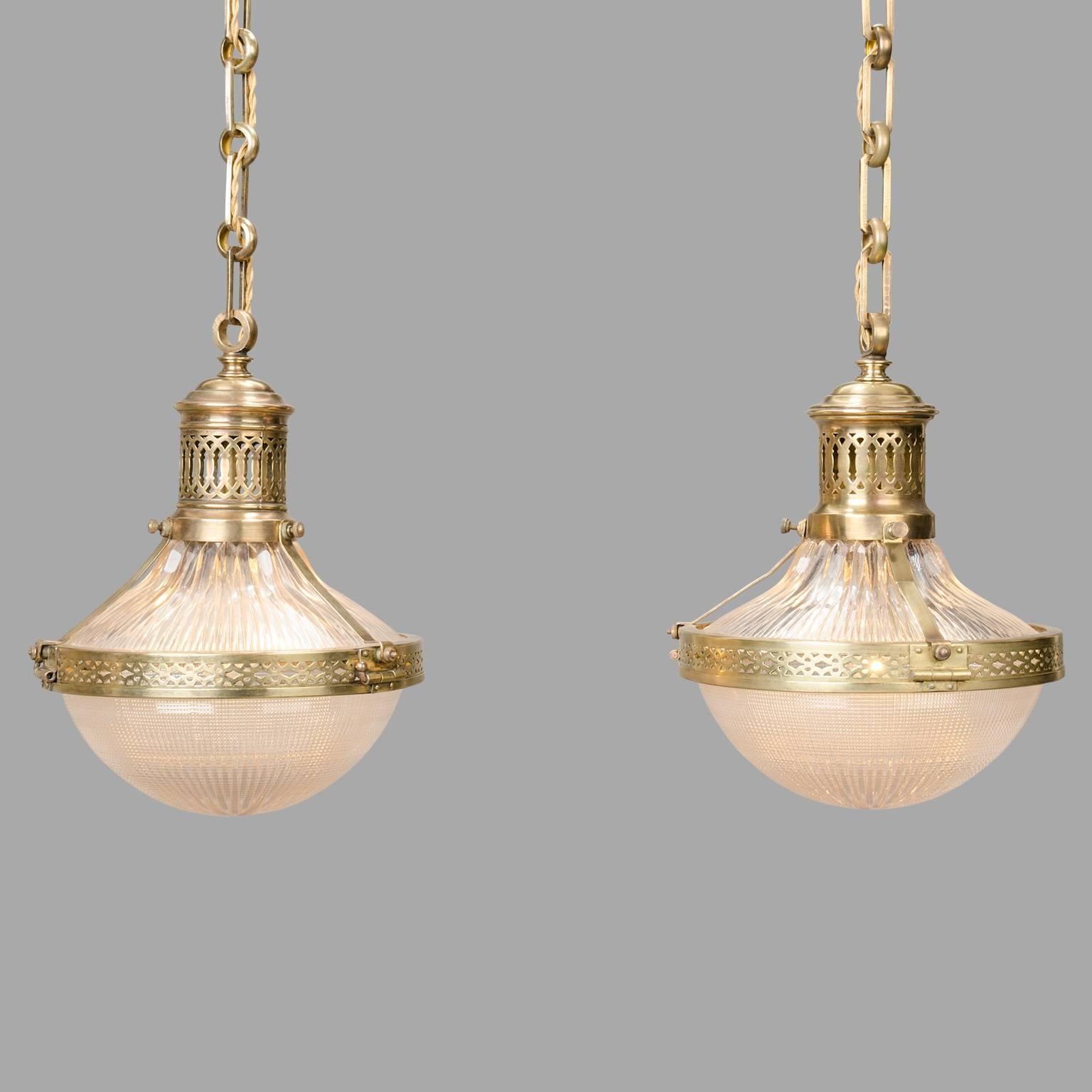 French Set of Two Glass and Brass Holophane Suspension, circa 1920