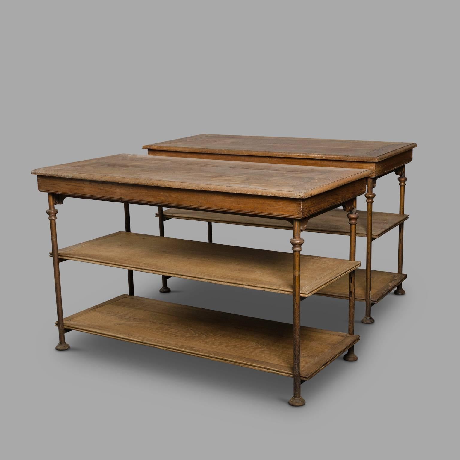 Metal structure and oak tops. Original color and patina. Both bearing the name of the manufacturer: TH. SCHERF 49 rue Lauriston, Paris.
Three adjustable height position for the intermediate tray.