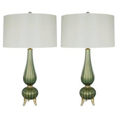 Murano Glass Three-Footed Table Lamps in Green/Gold, A Pair