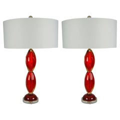 Vintage Gem-Cut Murano Glass Table Lamps in Red and Gold