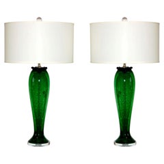 Vintage Murano Glass Table Lamps in Kelly Green