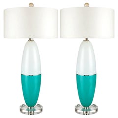 Vintage Murano Glass Table Lamps Aqua/Teal and White