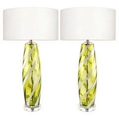 Chartreuse Vintage Murano Lamps with White Ribboned Swirls - A Pair