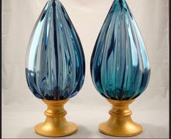 Vintage Murano Glass Table Lamps in Peacock Blue, For Marbro - A Pair