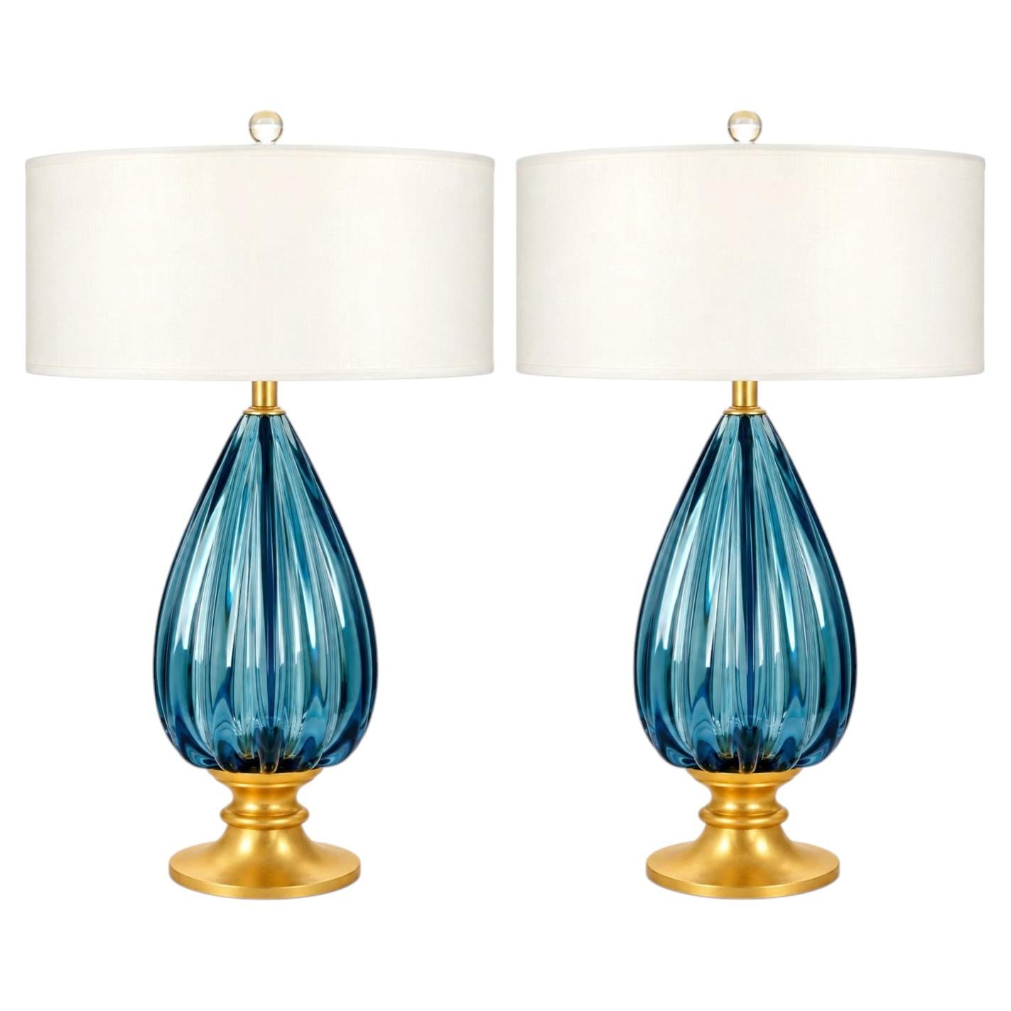 Vintage Murano Glass Table Lamps in Peacock Blue, For Marbro - A Pair
