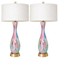 Rare Matched Pair of Vintage Murano Lamps of Multicolored Swirls