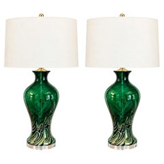 Emerald Green Vintage Murano lamps with Iridescent Glass Swirl effect