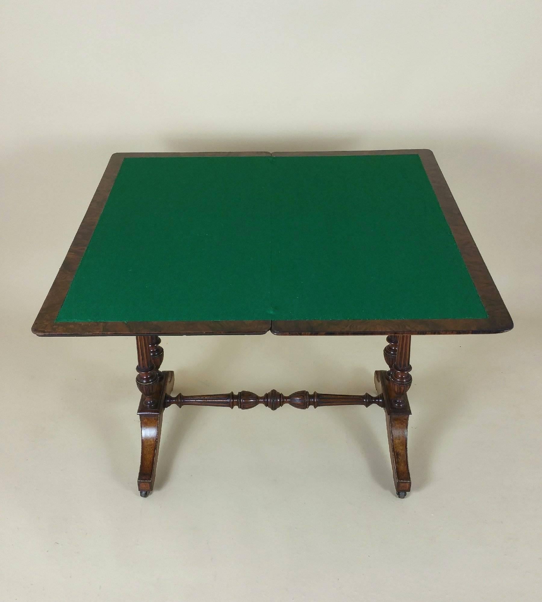 19th C. Figured Walnut Fold Over Card Table by Lamb of Manchester 1