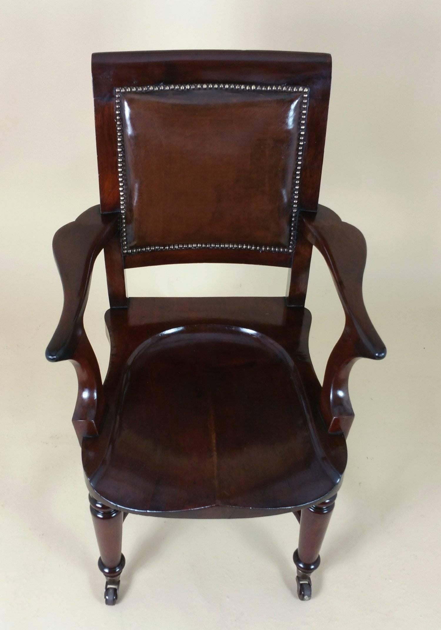 English Victorian Mahogany Solid Seat Desk Chair with Leather Back