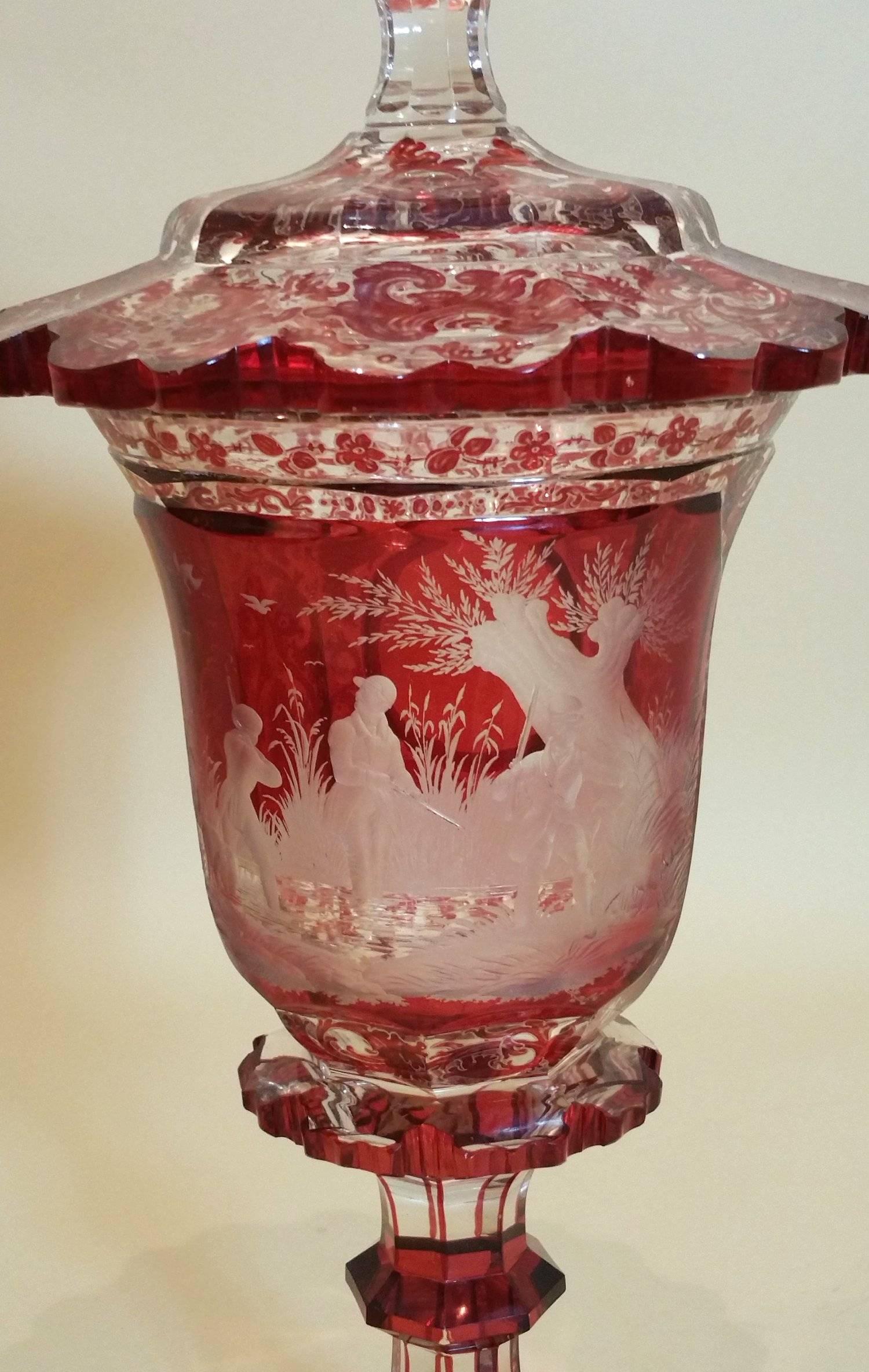 Czech 19th Century Bohemian Ruby Overlaid Glass Vase and Cover 