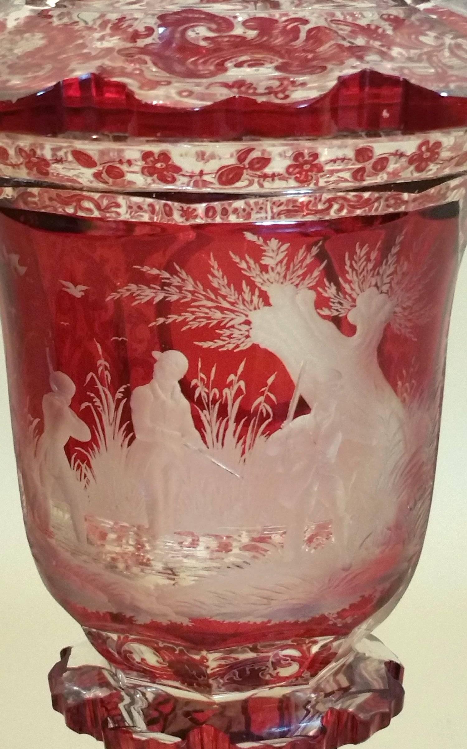 Etched 19th Century Bohemian Ruby Overlaid Glass Vase and Cover 