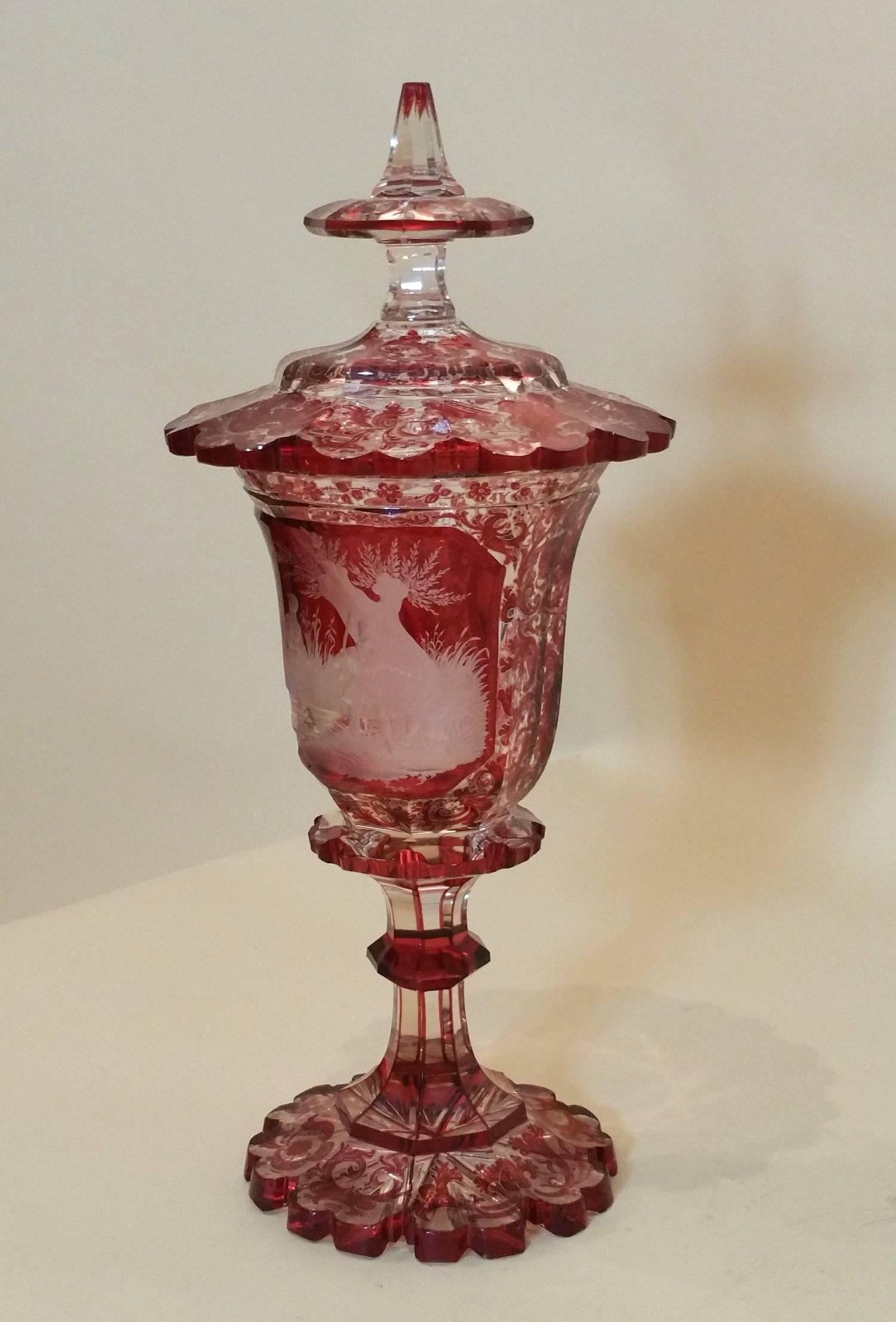 19th Century Bohemian Ruby Overlaid Glass Vase and Cover  In Excellent Condition In London, west Sussex