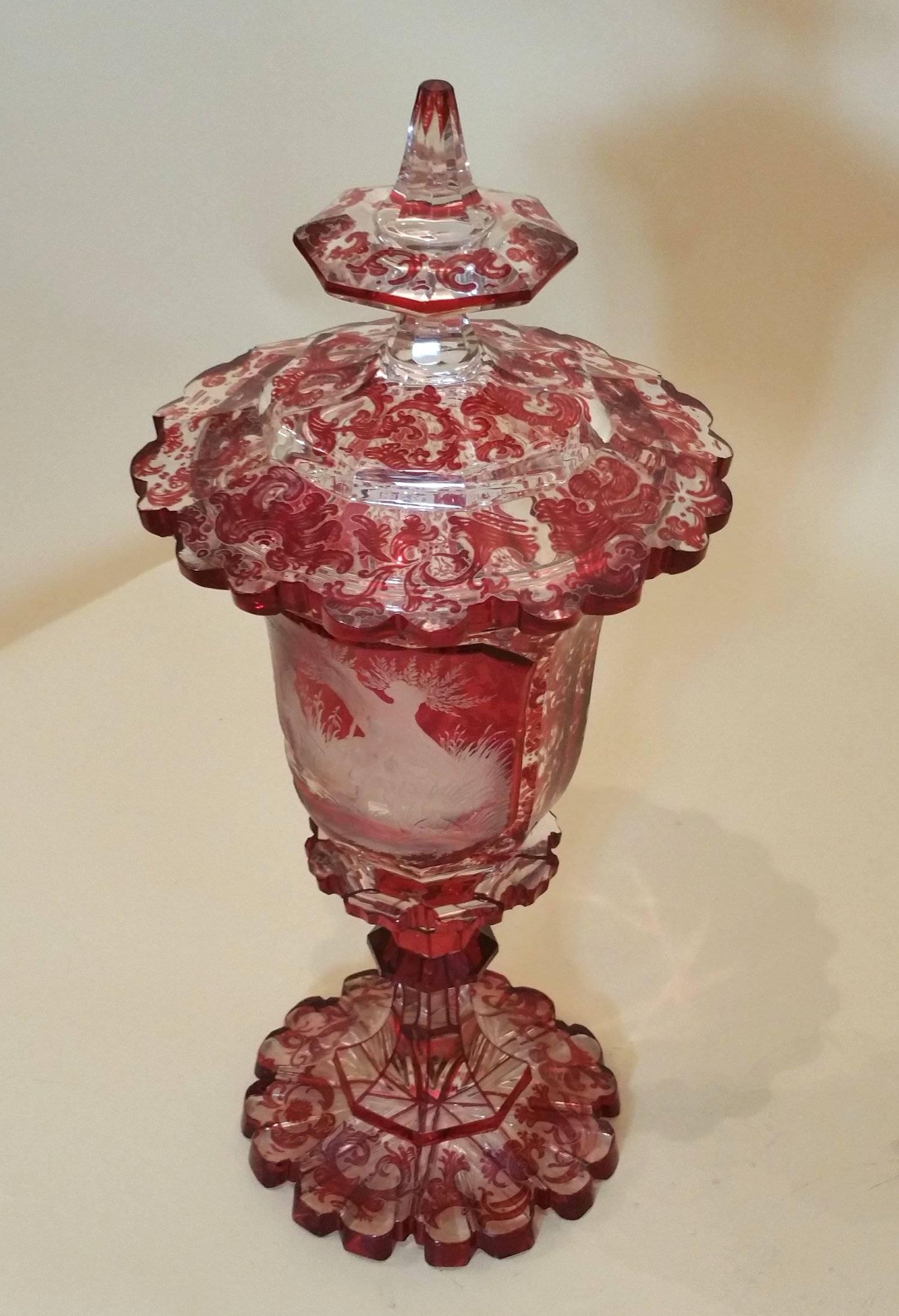 19th Century Bohemian Ruby Overlaid Glass Vase and Cover  1