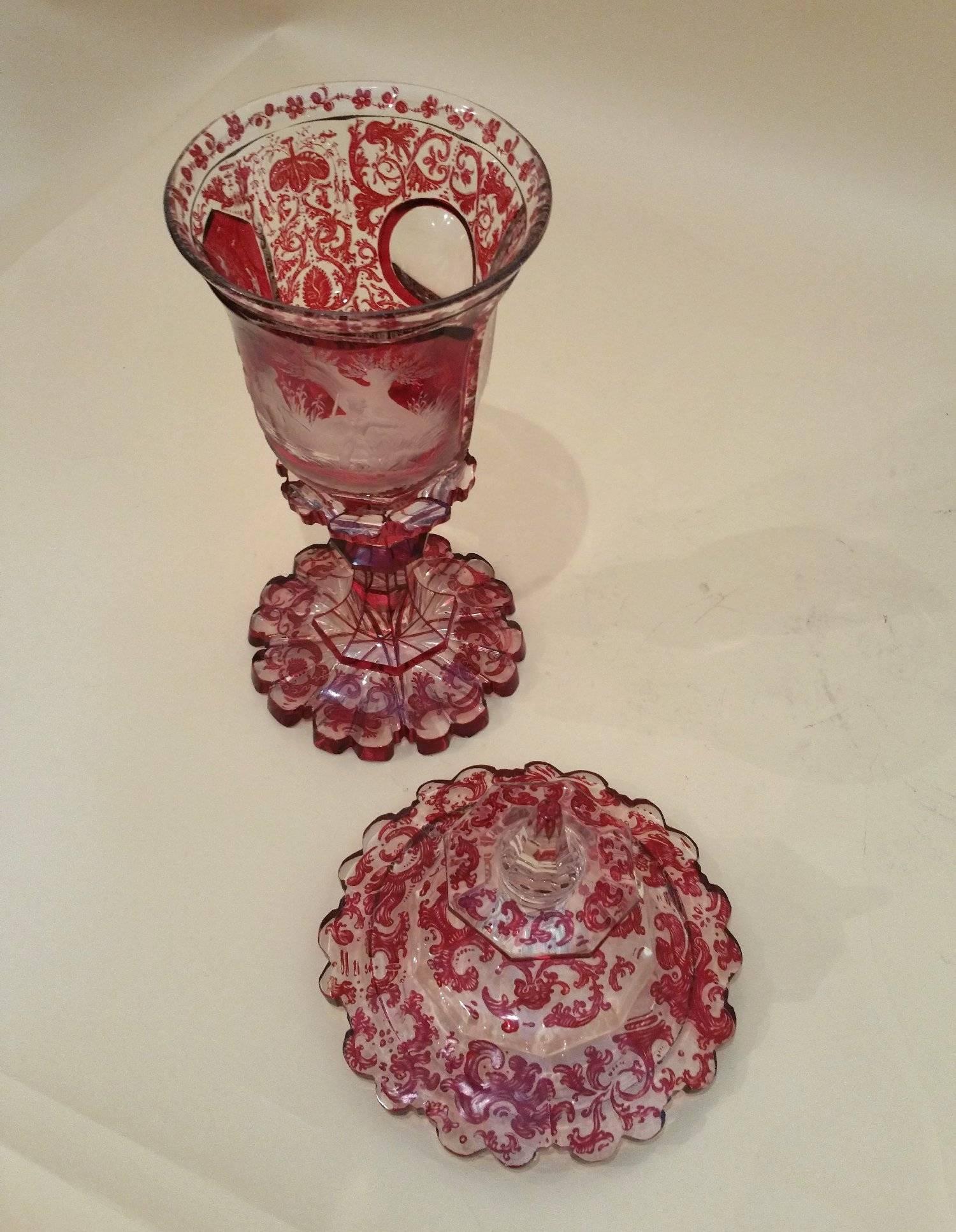 19th Century Bohemian Ruby Overlaid Glass Vase and Cover  2