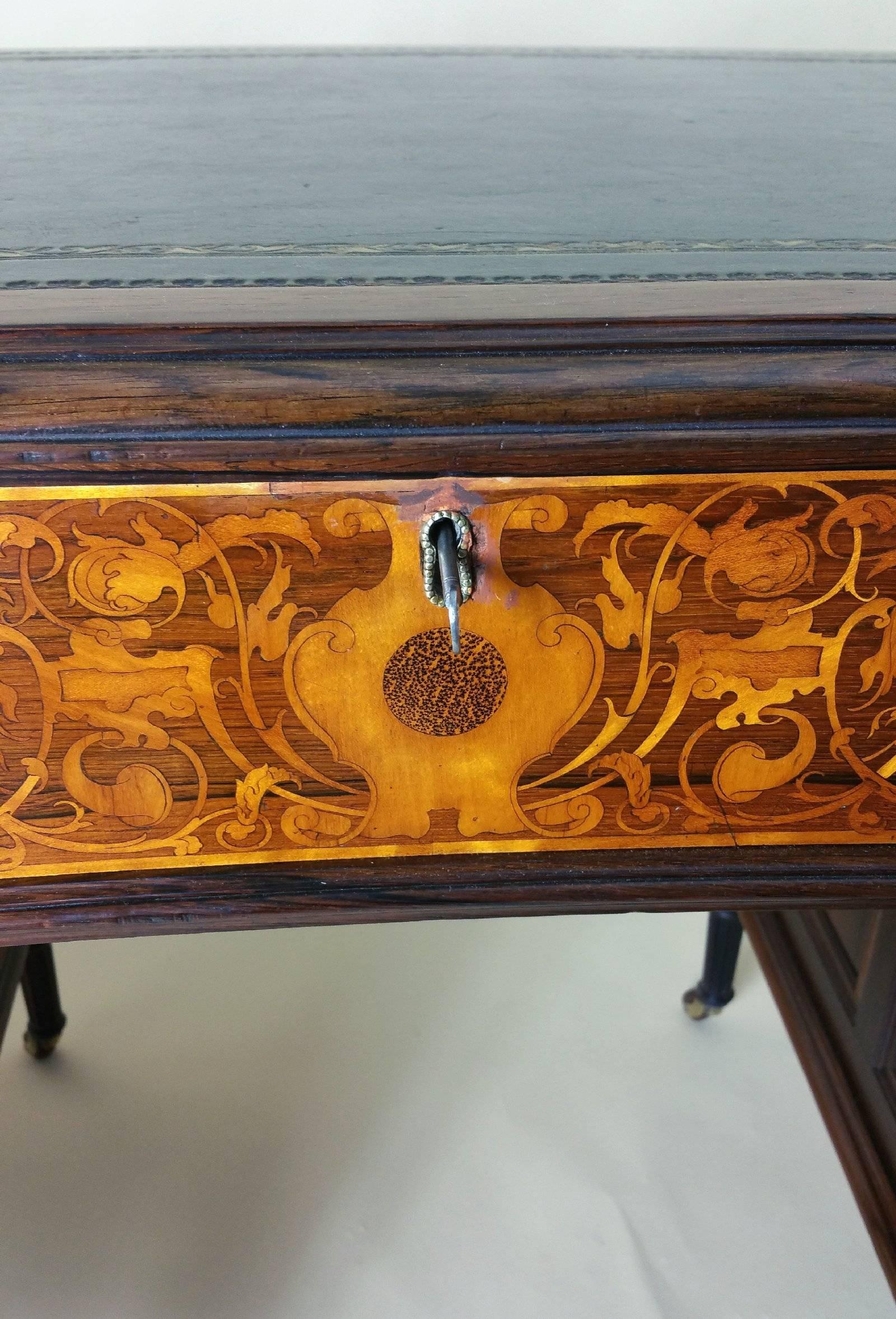 English Victorian Marquetry Inlaid Rosewood Shaped Front Kneehole Desk