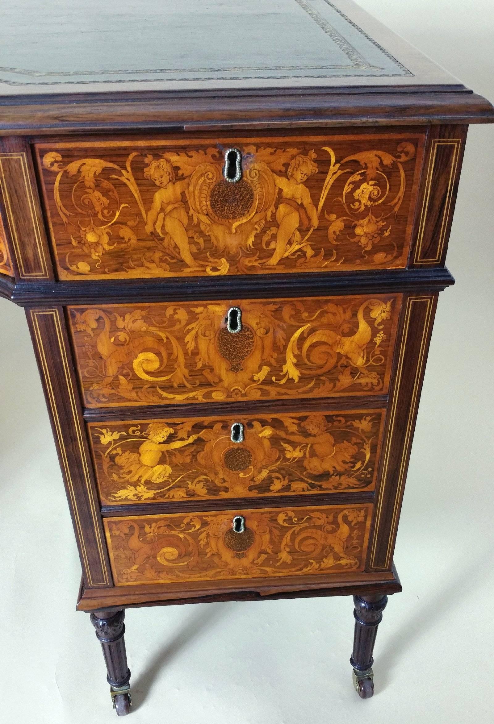 Victorian Marquetry Inlaid Rosewood Shaped Front Kneehole Desk In Excellent Condition In London, west Sussex