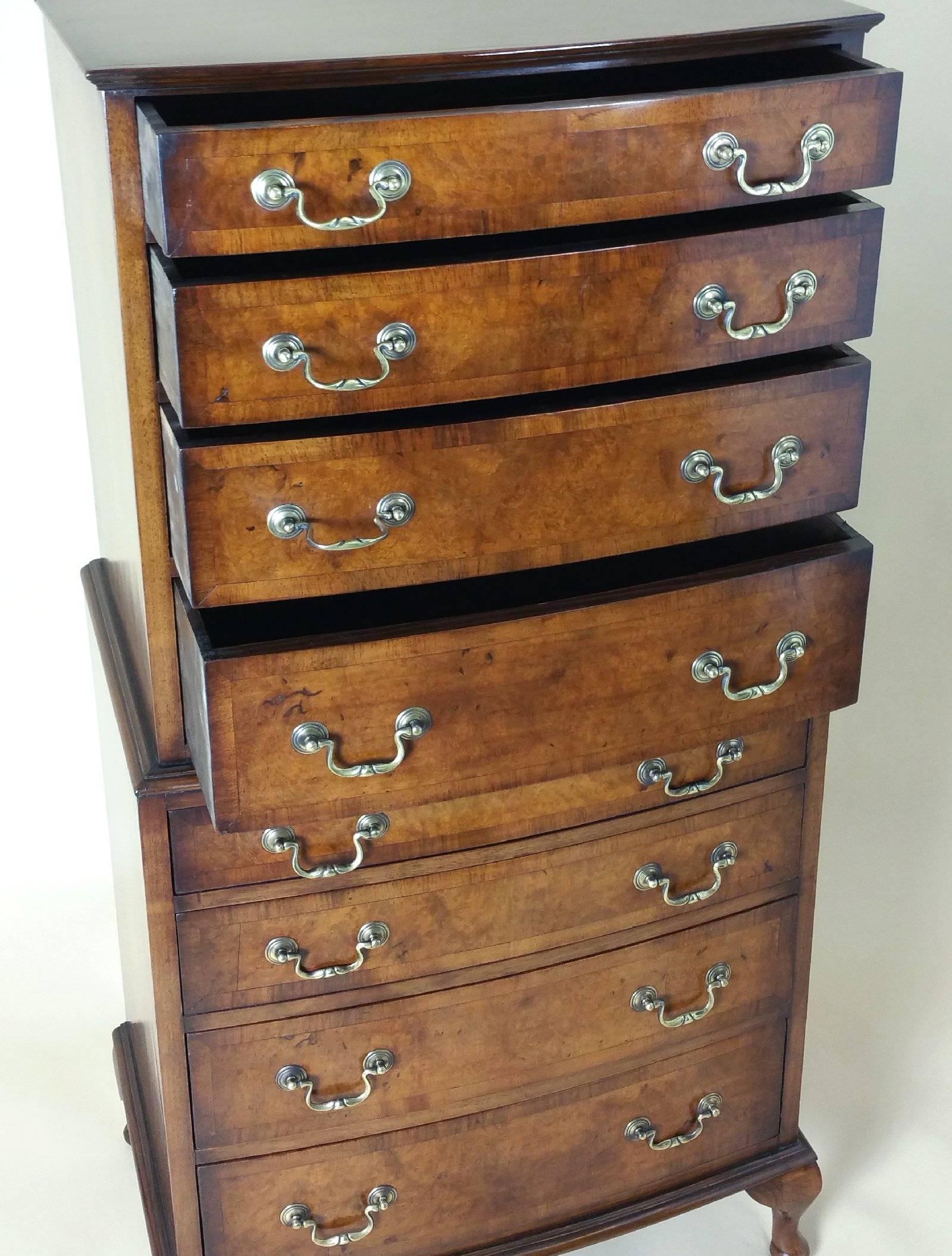English Edwardian Figured Walnut Bow Fronted Tallboy