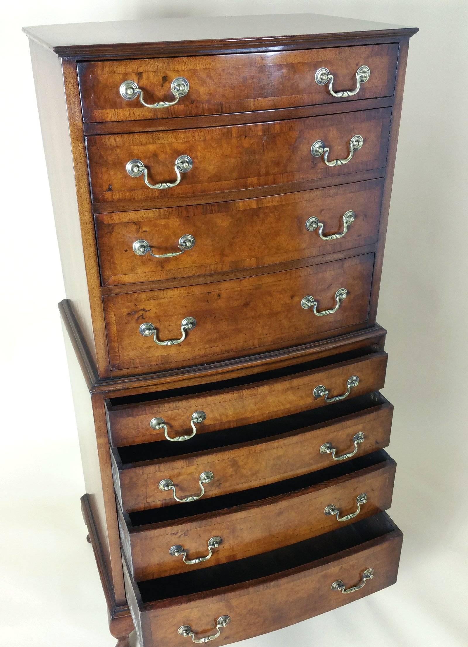 Edwardian Figured Walnut Bow Fronted Tallboy In Excellent Condition In London, west Sussex
