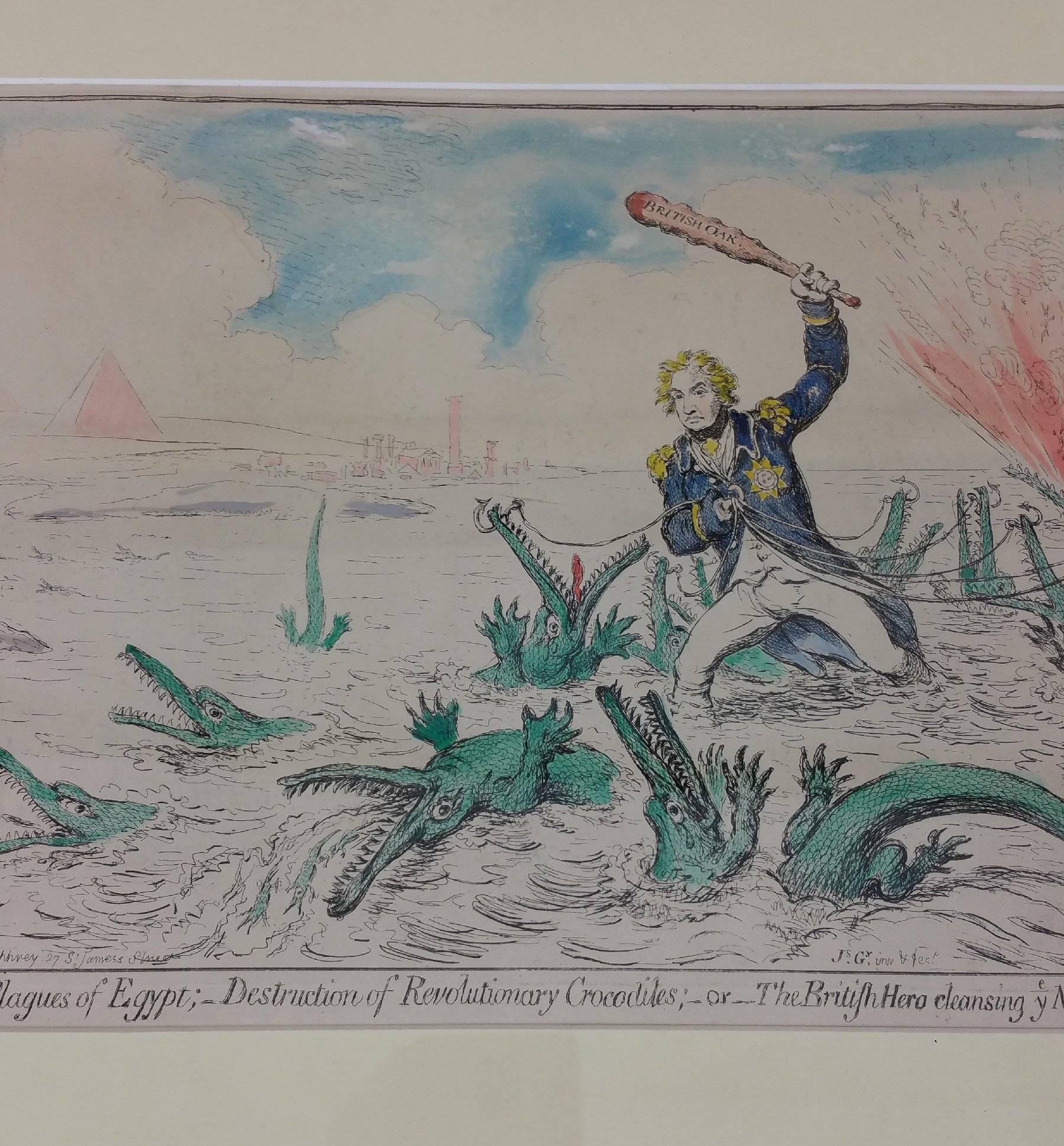 English 18th Century Hand-Colored Print of Admiral Nelson and the Battle of the Nile