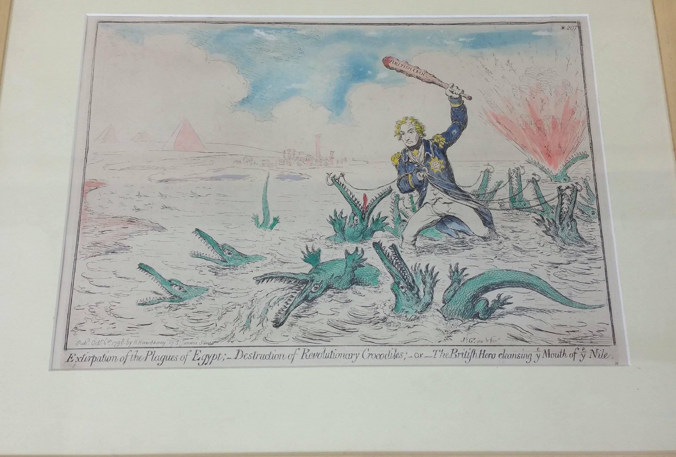Hand-Painted 18th Century Hand-Colored Print of Admiral Nelson and the Battle of the Nile