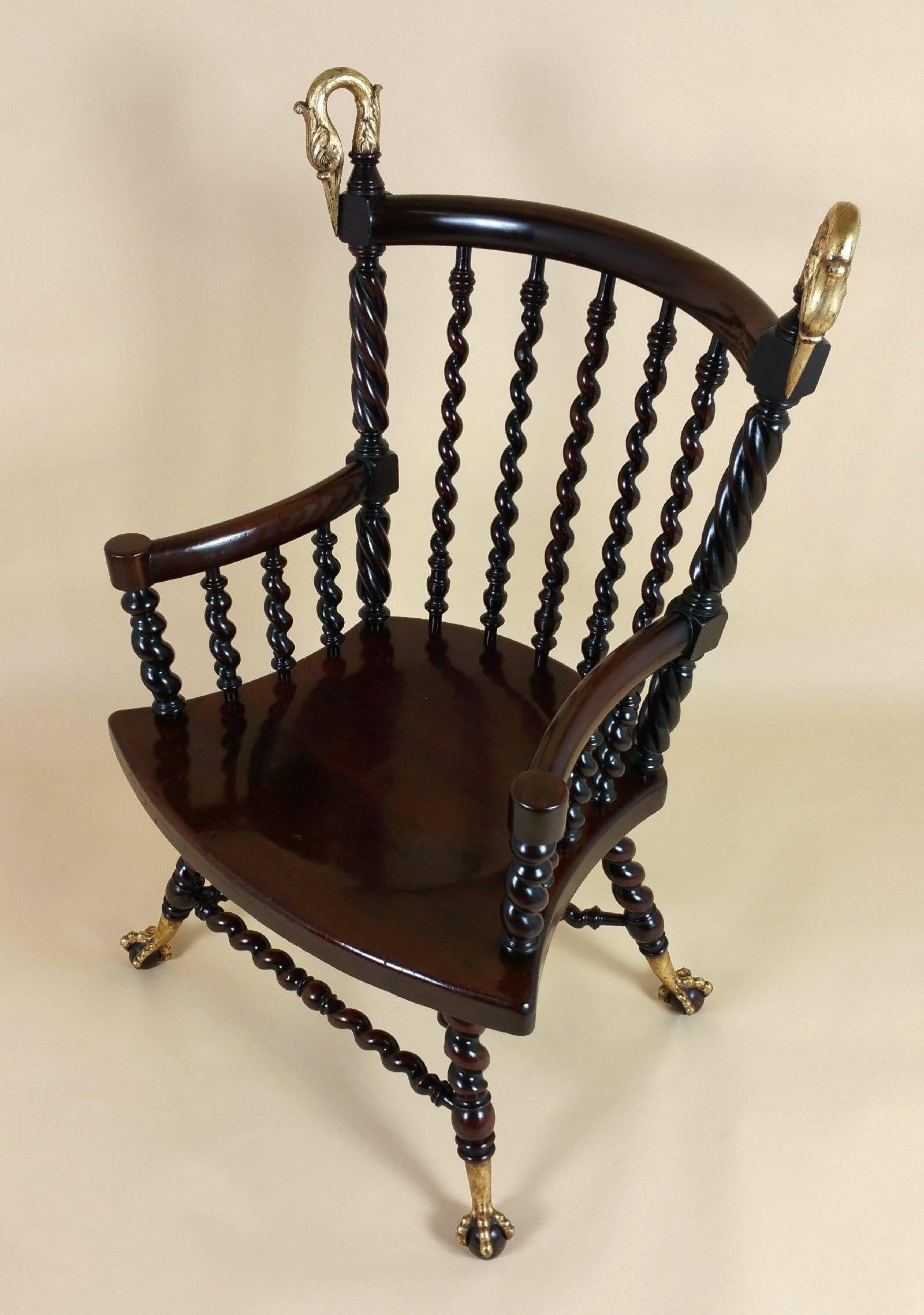 Gilt 19th Century American Mahogany Armchair with Barley Twist Supports
